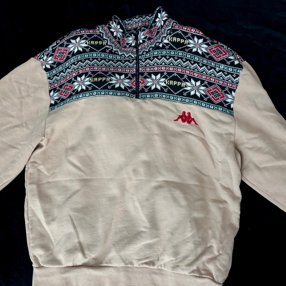 Kappa Tan and Black Zip Up Sweater with Knit Stand-Up Collar